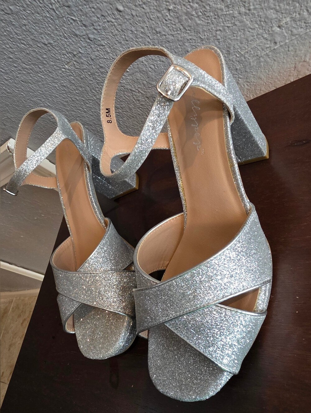 Jellypop Silver Glitter Chunky Heel Sandals Size 8.5m